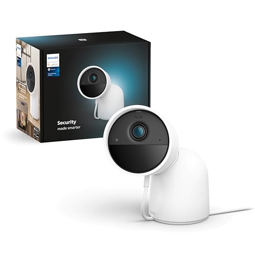 Philips Hue Secure Câmara de vídeo vigilância inteligente com base para exteriores ou interiores, versão com cabo, Full HD vídeo, controlo de segurança e iluminação numa só aplicação, branco