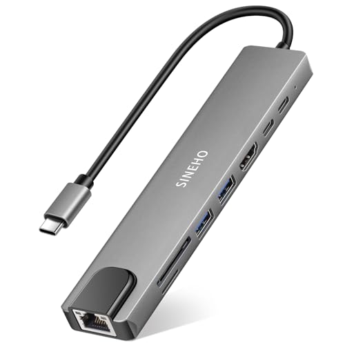 SINEHO Hub USB C 8 em 1 Multiport com HDMI 4K@30Hz, carregamento PD 100W, USB 3.0, USB 2.0, porta de dados USB-C, porta Ethernet e leitor de cartões SD/TF, compatível com MacBook, DELL XPS e muito
