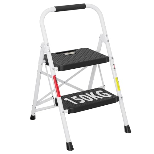 BONTEC Escadas dobráveis de 2 degraus, capacidade de 150 kg com pedais antiderrapantes largos, banco escadas de mão de aço, manúbrio de esponja, uso interno e exterior, branco
