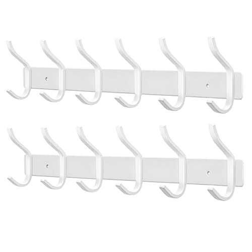 MEIJO Cabides de parede com 6 ganchos, ganchos cabides de montagem na parede em aço inoxidável ganchos ganchos cabide para entrada, cozinha, casa de banho (6 ganchos - 2 peças, branco)