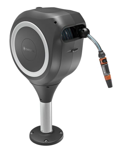 Gardena Suporte de mangueira de terraço RollUp S: Suporte de manga resistente, com tecnologia RollUp e mangueira de 15 m, rega de jardins reduzidos com terraço, enrolamento automático, branco