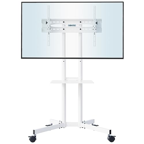 BONTEC Suporte TV rodas para ecrãs de 32" - 85" Plasma/LCD/LED, suporte para televisão de chão com bandeja, suporte para exibição em casa com rodas giratórias (branco)