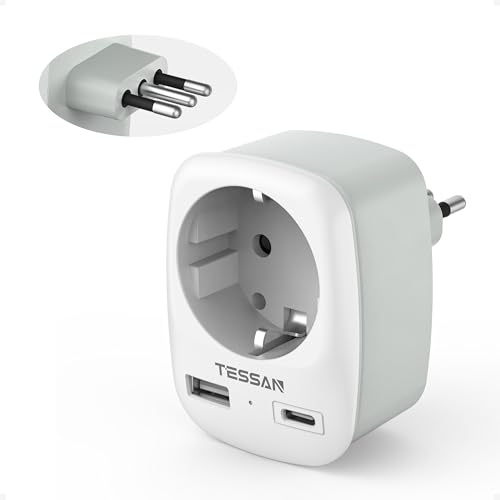 TESSAN Adaptador de tomada italiano, adaptador Itália Espanha com 1 USB C e 1 USB A, adaptador de tomada italiano para Itália, adaptador tipo L compatível com o Chile, Etiópia, Uruguai, Síria