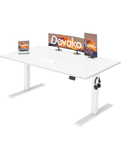 Devoko 160 x 70 cm, mesa regulável em altura, secretária elétrica elétrica elétrica telescópica bidirecional, secretária de escritório e casa, para estúdio em casa com painel montado, branco