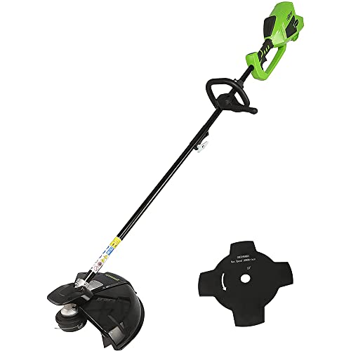 Greenworks 40 V Desboçador a bateria, motor sem escovas, arnês, altura regulável, largura de corte 40 cm, fio de nylon 2 mm ou lâmina 25 cm sem bateria (40 V) e carregador, 3 anos de garantia GD40BC