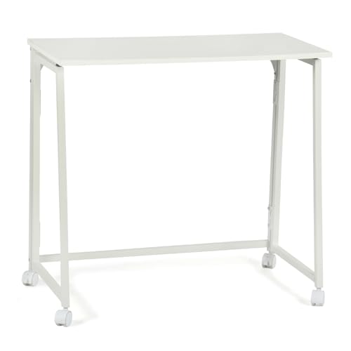 MEUBLE COSY Mesa dobrável com rodas mesa de computador para economizar espaço escritório casa estúdio, estrutura de aço, escandinavo, montagem simples, branco