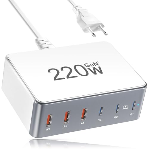 220 W Carregador USB C múltiplo, YSYFAD 6 portas estação de carregamento PD 65 W carregador rápido USB C para MacBook portáteis carregador USB compatível com i Phone Pad Watch Samsung, branco cinzento