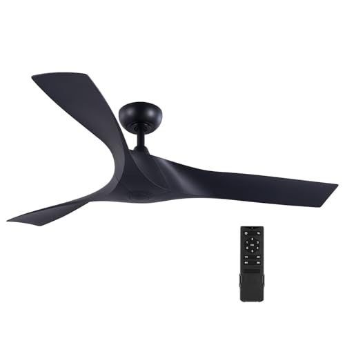 VONLUCE Ventoinha de teto de 132 cm, sem luz e controlo remoto, ventilador moderno de 3 pás, com temporizador, 6 velocidades, motor reversível, design baixo para sala de estar, cozinha ou quarto preto