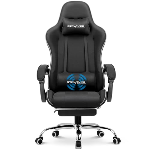 GTPLAYER Cadeira de jogos de tecido, cadeira de escritório, massagem, poltrona Gamer, cadeira ergonómica com apoio para os pés, apoios de cabeça, almofada lombar de massagem, cadeira acolchoada