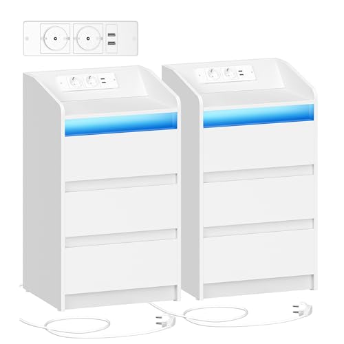 Hzuaneri Mesa de cabeceira de 2 com 3 gavetas, mesa auxiliar com estação de carregamento e LED, 2 tomadas CA e 2 portas USB para quarto, sala de estar, branco NS40103X