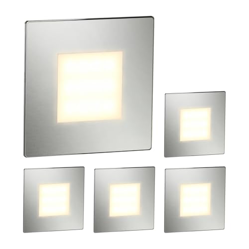 ledscom.de 5 LED luz de escada/plafond embutido FEX para interiores e exteriores, angular, aço inoxidável, 85 x 85 mm, branco quente