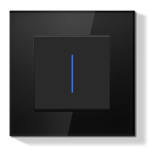 BSEEDLIFE Interruptor de parede, interruptor interruptor de parede com moldura de vidro com indicador LED, 1 gangue de 2 vias, fácil instalação design de gancho de arra, 86 * 86 mm preto