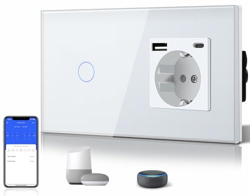 BSEED 1 Gang 1 via interruptor de luz tátil inteligente WIFI com Schuko Tipo C e USB tomada padrão, compatível com Alexa/Smart Life (requer cabo neutro) branco
