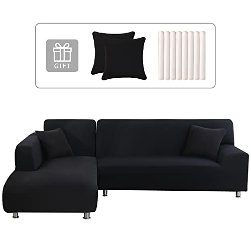 Lydevo Capa para sofá Chaise Longue 2 peças capa cobertura sofá de sofá inconera em forma de L reversível com 2 fronhas elásticas protetor para sofá, canto direito esquerdo, preto