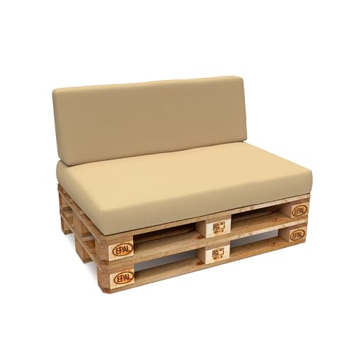 POKAR 2 Almofadas para europaleses/europalet resistente à água: 1 x almofada - assento 120 x 80 x 12 cm +1 x almofada - encosto 120 x 40 x 12 cm, espuma fria, para sofá de paletas, sem palês, bege