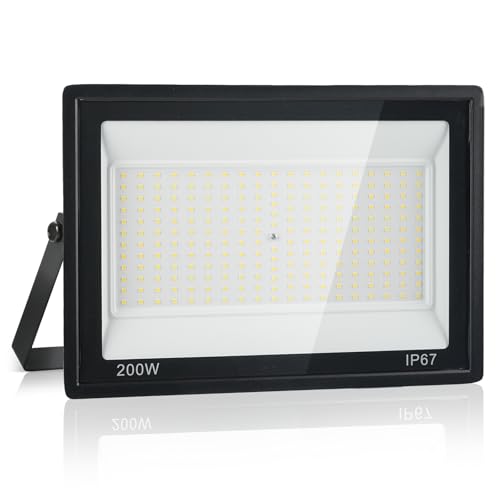 Foco LED exterior 200 W, iluminação de segurança, 7000 K branco frio, 20000 LM super brilhante, IP67 impermeável, 228 LEDs, holofote para exterior para jardim, pátio, garagem, oficina, corredor