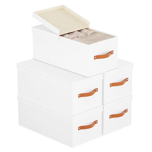 YheenLf Conjunto de 5 caixas de armazenamento, cestas organizadoras com tampa removível, caixas de armazenamento de tecido com alças, para organizar roupas e lençóis em armários, branco, 41 × 25 ×