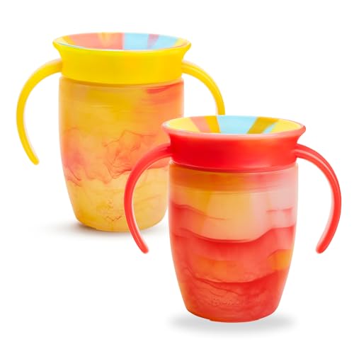 Munchkin Canecas Miracle 360 para bebé, copo de fluxo livre para crianças, treinadora, livre de BPA, sem derrames, garrafa de água, 12 meses, 296 ml, conjunto de 2, amarelo/vermelho