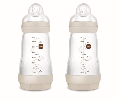 MAM Embalagem de 2 biberões anticólicos, 2-4 meses, 260 ml, com Tetina 2 fluxo médio de silicone de fácil aceitação, auto-esterilizável e fácil de limpar, MAM Easy Start Anti-Colic, neutro mate, 2