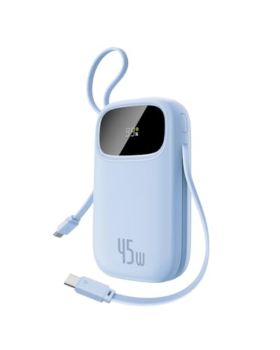 Baseus Powerbank 45 W 20000 mAh com 2 cabos USB-C integrados, Power Bank PD3,0 QC4,0 baterias externas carregamento rápido, 3 C 1 A, carregador portátil para iPhone 16/15/14 Pro Max, Samsung, Azul
