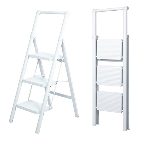 UZIRO Escada dobrável com 3 pés, leve e compacta, design decorativo, degraus largos antiderrapantes, ideal para uso em casa, cozinha e escritório, fácil de guardar e transportar, alta durabilidade