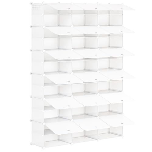 HOOBRO Armário de sapateira, 18 compartimentos, sapatos modulares, prateleiras de plástico, com porta, compartimento 40 x 30 x 30 cm, para sala de estar, corredor, entrada, quarto, branco-creme