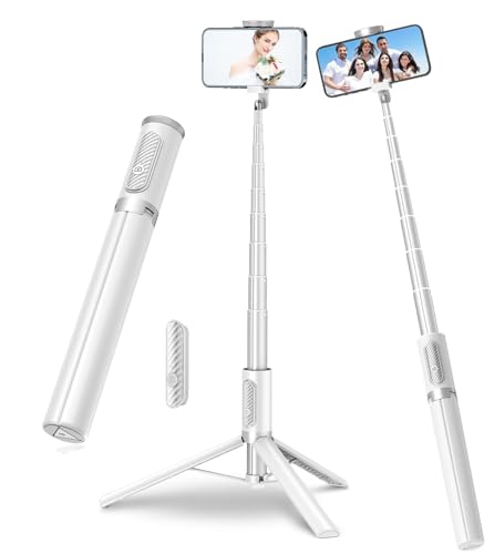 TONEOF 170 cm Selfie Tripé para telemóvel, tripé móvel extensível rotação tripé telefone flexível com sem fios com controlo remoto compatível com iPhone e Android telefone - branco