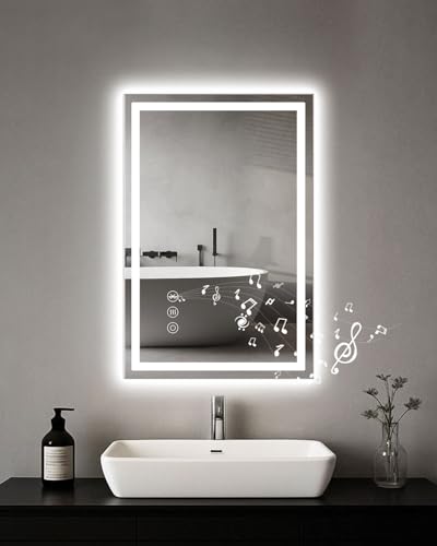 Habison Espelho de casa de banho LED, 40 x 60 cm, espelho com iluminação com interruptor táctil Bluetooth, intensidade regulável, cor de luz de 3 cores, antimanchamento, espelho de casa de banho com