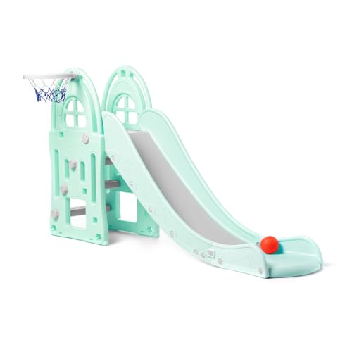 Escorrega XL - azul, excelente escorrega para meninos e meninas, ideal para interior e exterior, escorrega dobrável com cesta de basquetebol e bola