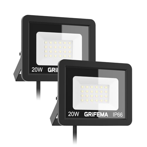 GRIFEMA GD401-2, holofotes LED para exterior, 2 peças, 20 W 2200 LM projetor de holofote LED, 24 LED, 6500 K, branco frio Floodlight para casa, garagem, pátio, caminho, jardim