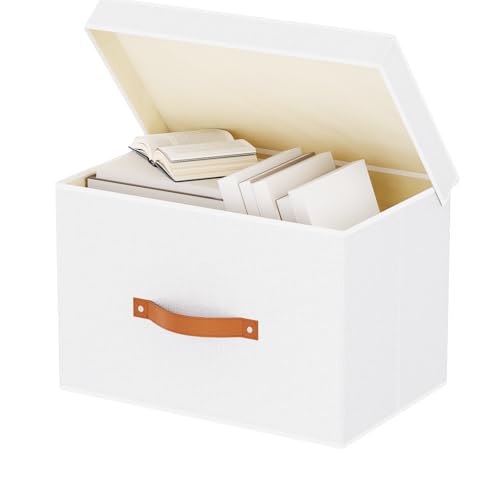 YheenLf Caixas de armazenamento com tampa, conjunto de 1 cestas dobráveis organizadoras com asasas, caixa de armazenamento roupa para livros, cobertores, lençóis, branco, 33 × 23 × 20 cm