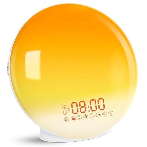 Cadrim Wake Up Light despertador luz despertador simulação de amanhecer e pôr do sol com 7 luzes coloridas, função Snooze, 8 sons naturais, rádio FM, 20 níveis de brilho