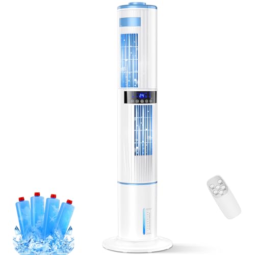 Ar condicionado portátil Lofrritp, refrigerador de ar 65 W, 4 modos de 3 velocidades condicionador a vapor, 360 ° duplo oscilação automática, temporizadores 1-24 H, controlo remoto, 4 sacos de gelo