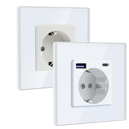 BSEED Pack Schuko, 1 tomada com USB C 20W + 1 x tomada normal, tomada de energia recarregável 16 A com painel de vidro para telemóvel, tablet e leitor MP3, branco