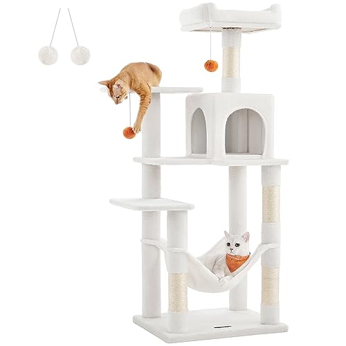 Feandrea Raspador para gatos, árvore para gatos, altura 143 cm, torre com 4 postes, 2 plataformas, 1 caverna, 1 rede, 2 pompões, tecido de pelúcia, multível, branco-creme PCT161T01