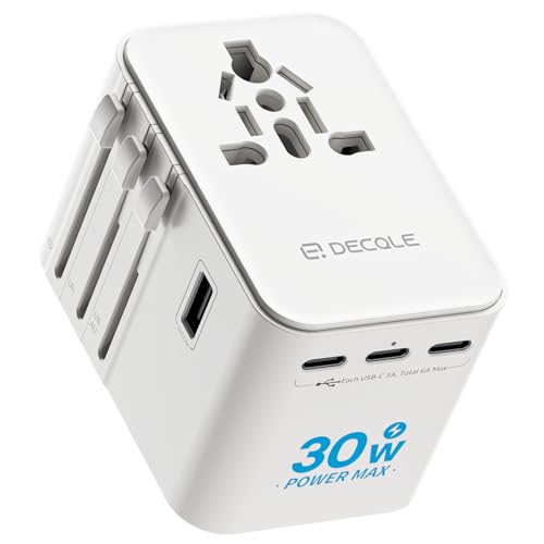 decqle Adaptador de tomada universal, adaptador de viagem com 3 USB-C (30 W), 2 USB-A e 1 AC, adaptador universal para UE, Reino Unido, americano, Canadá, Austrália e 224 país(branco)
