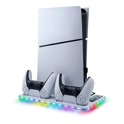 Wigearss Suporte vertical para PS5/PS5 Slim/PS5 Pro com ventiladores de refrigeração, multifunções com luz RGB, carregador para controladores e porta tipo C e USB