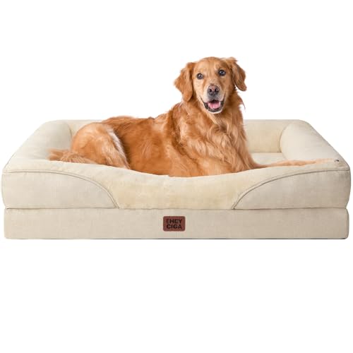 EHEYCIGA Cama ortopédica e viscoelástico para cão, extra grande, 106 x 76 x 18,5 cm, Memory Foam Sofa para cães, lavável, cama de gato suave, bege