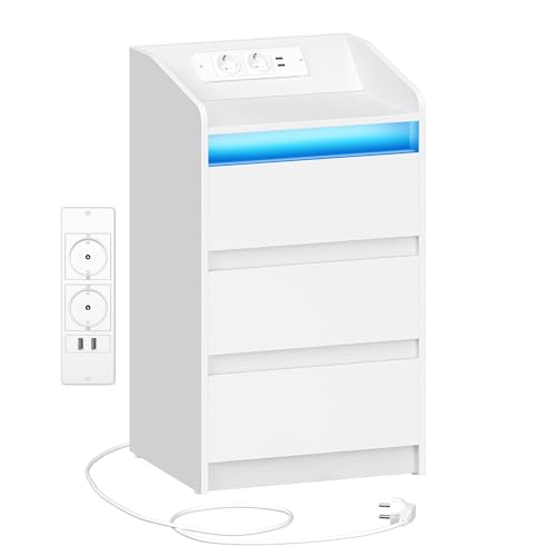 Hzuaneri Mesa de cabeceira com 3 gavetas, mesa auxiliar com estação de carregamento e LED, 2 tomadas CA e 2 portas USB para quarto, sala de estar, branco NS40003X