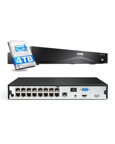 ZOSI 16CH 4K 8MP H.265+ CCTV gravador NVR PoE para kit câmaras de vigilância segurança, com 4 TB disco rígido para gravação 24/7, alarme de movimento, acesso remoto