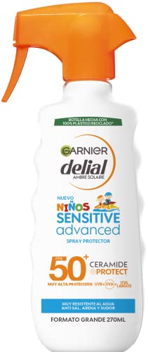 Garnier Delial Crianças Sensitive Advanced pistola de proteção solar em spray para crianças. Alta proteção FPS 50+. Resistente à água, areia, sal e cloro. Testado sob controlo pediátrico, 300 ml