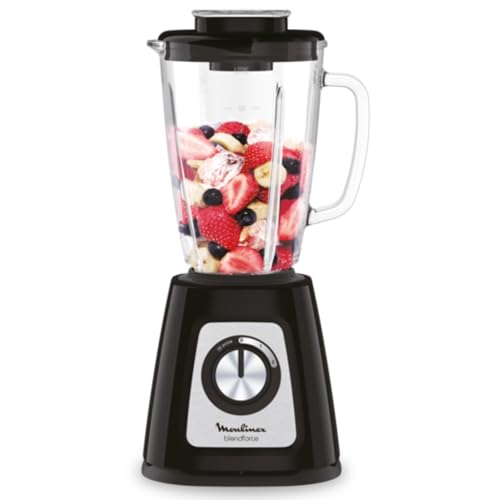 Moulinex Blendforce 2 Liquidificadora de vidro, 1,25 l, potência 800 W, bloqueio inteligente, picadora de gelo, smoothies, sopas, molhos, cremes para untar, granizados, cor preta, LM4308