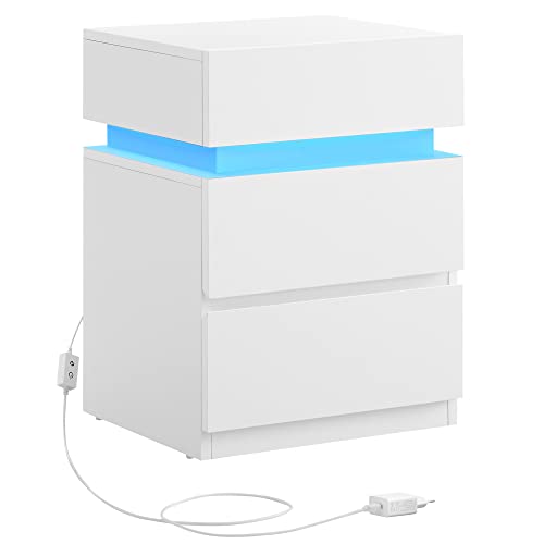 VASAGLE KAILYN Coleção - mesa de cabeceira com tira de luz LED multicolorida, 3 gavetas, mesa auxiliar, estilo moderno, 35 x 40 x 55 cm, branca nuvem LET630T10