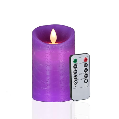 FiiMoo Vela LED sem chama, a pilhas, efeito de chama, cera real, com controlo remoto e temporizador, para o Natal, Páscoa, decorações de festas - roxo 10 cm