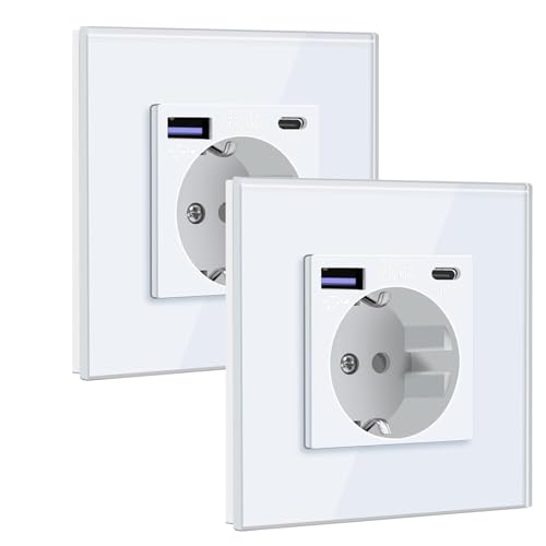 BSEED Tomada Schuko com USB C 20 W 1 Gang 2 Pack, tomada de parede com USB 16A com placa de vidro 86 * 86 mm, branco