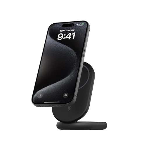 Belkin BoostCharge Carregador com Qi2, suporte magnético de carregamento sem fios dobrável de 15 W, compatível com MagSafe, carregador rápido portátil, suporta modo standby, para iPhone 16, 15, 14 e