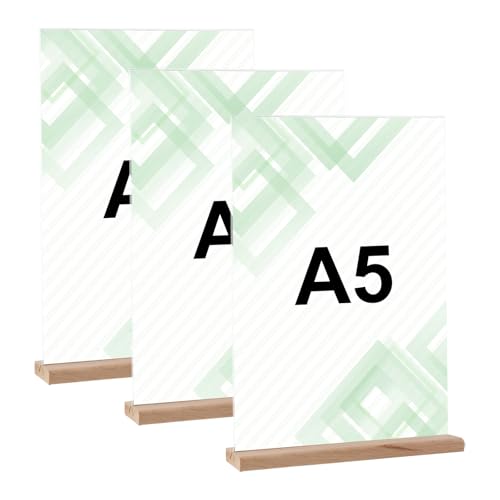 kiptyg 3 unidades de suporte A5 de metal transparente, expositor de mesa para menus, cartazes e publicidade, portfólio A4 com base de madeira, ideal para restaurantes, lojas, hotéis