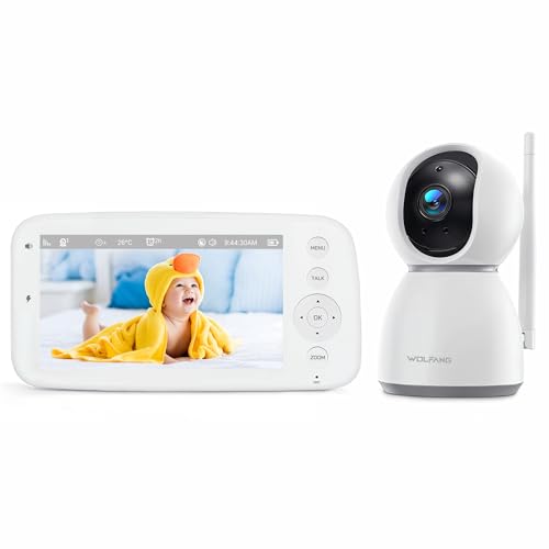 WOLFANG 1080P Câmara de vigilância para bebé com 5", 720P, ecrã, monitor de bebé com câmara com rotação de 360° e zoom, sem WiFi, visão noturna, comunicação bidirecional, temperatura, deteção de choro