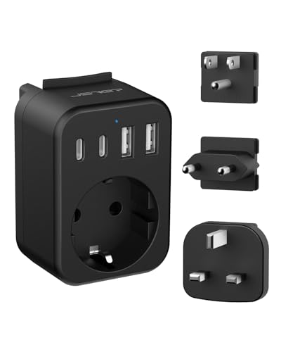 JSVER Adaptador de tomada universal com 3 tomadas substituíveis tipo B/G/C, tomada de viagem com 2 USB e 2 USB C, carregador para Espanha para EUA, UK, UE/americano/Singapore/Canadá/México