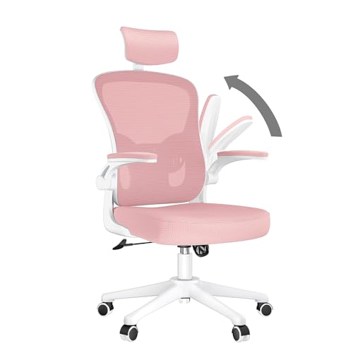 rattantree Cadeira de escritório, de secretária ergonómica com apoio de cabeça ajustável e suporte lombar, encosto de malha respirável, apoio de braços batíveis de 90°, cadeira giratória de 360°, rosa